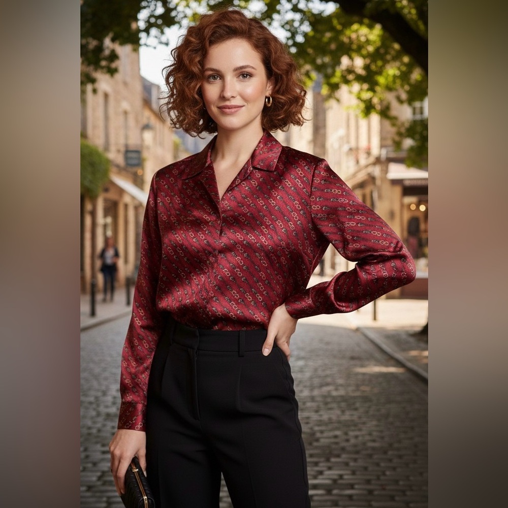 Kathie Lee Collection dark red button down blouse, chain & buckle print, XL